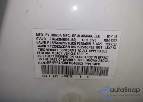 2015 Honda Pilot Se z USA, uszkodzony, nr VIN 5FNYF4H38FB048802